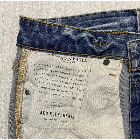 American Eagle Jeans Men's 29x32 Slim Flex Ripped Distressed Denim Acid Wash - Picture 6 of 10